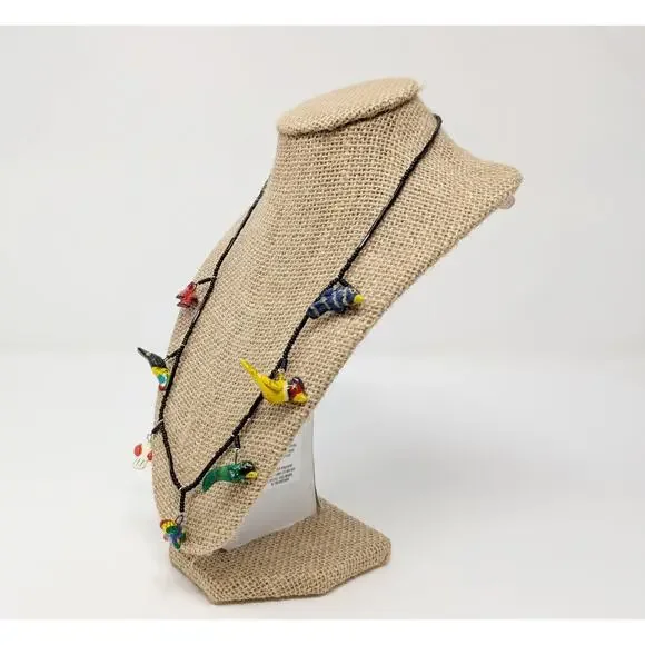 Black Beaded Wooden Colorful Painted Bird Necklace - Picture 5 of 6